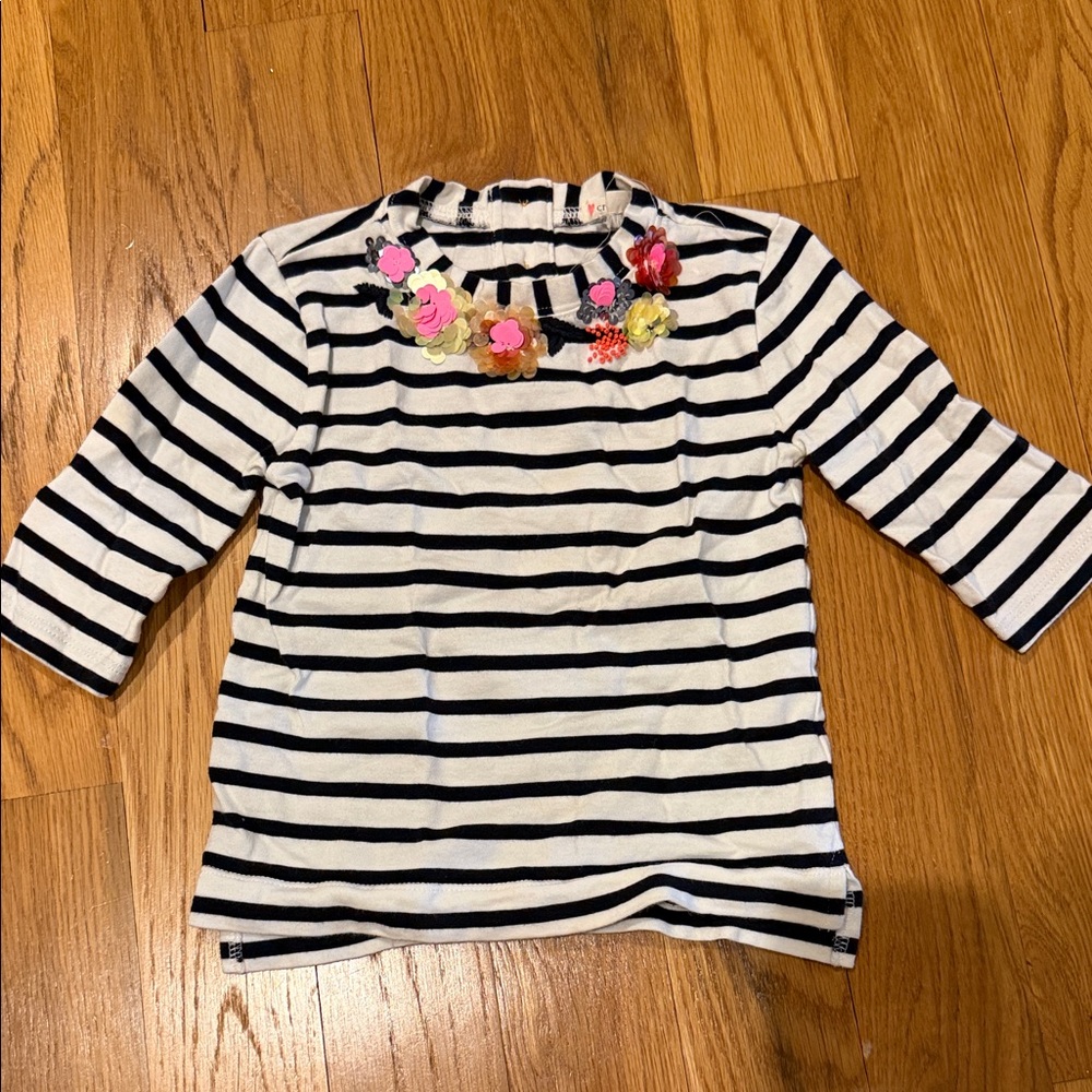 Crewcuts Girls' Striped Floral Appliqué Top - Navy & White